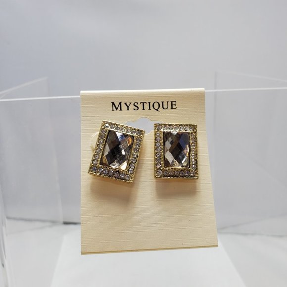 Mystique gold faceted clear stone with rhinestone border earring - Picture 4 of 4